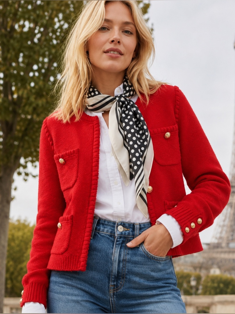 J. Crew Odette Sweater Lady Jacket Red Knit Cardigan Gold Buttons Chanel Small